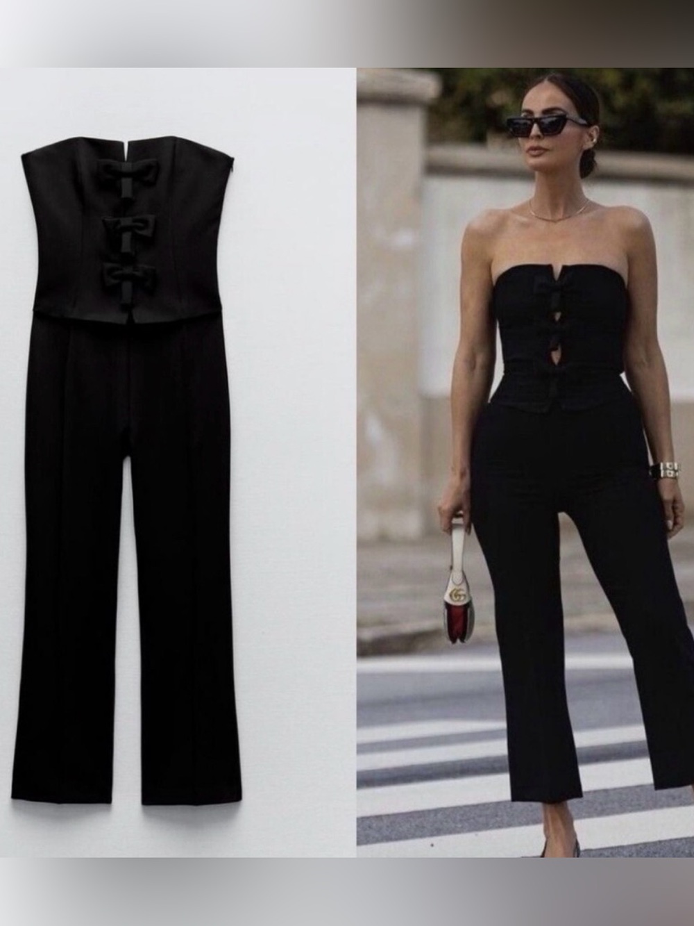 Viral Zara Black Strapless Jumpsuit with Front Bow Accents Small NWOT - Picture 2 of 7